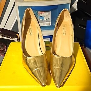 Da Viccino Designer Shoes, Sz 8.5, Shiny Gold, Pointy Toe, 3" Heel